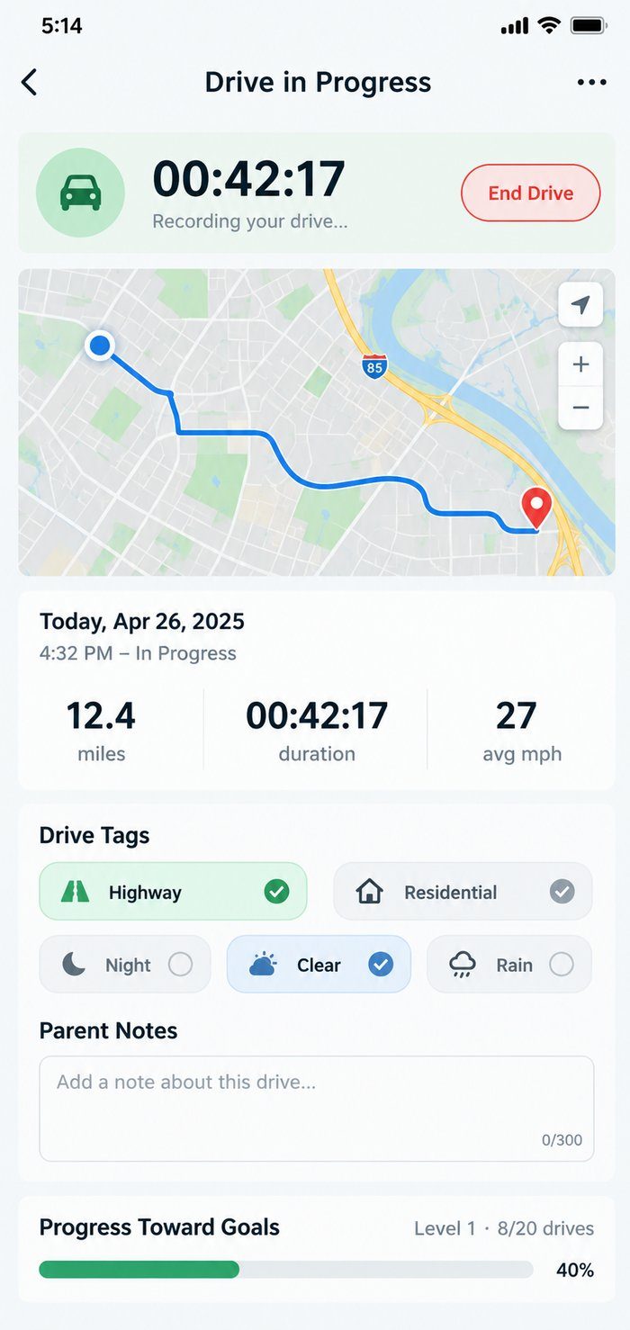 DRVN app logging a drive in progress