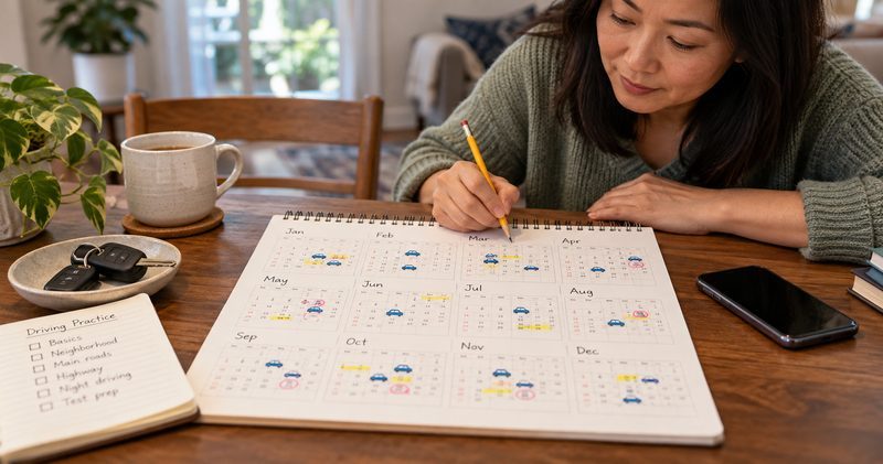 A parent marking practice drives on a year-at-a-glance calendar.
