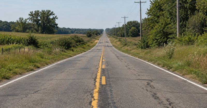 A long, straight rural two-lane road between fields and trees.