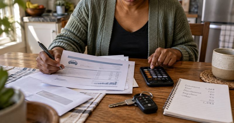 A parent at the kitchen table with an insurance statement and car keys.