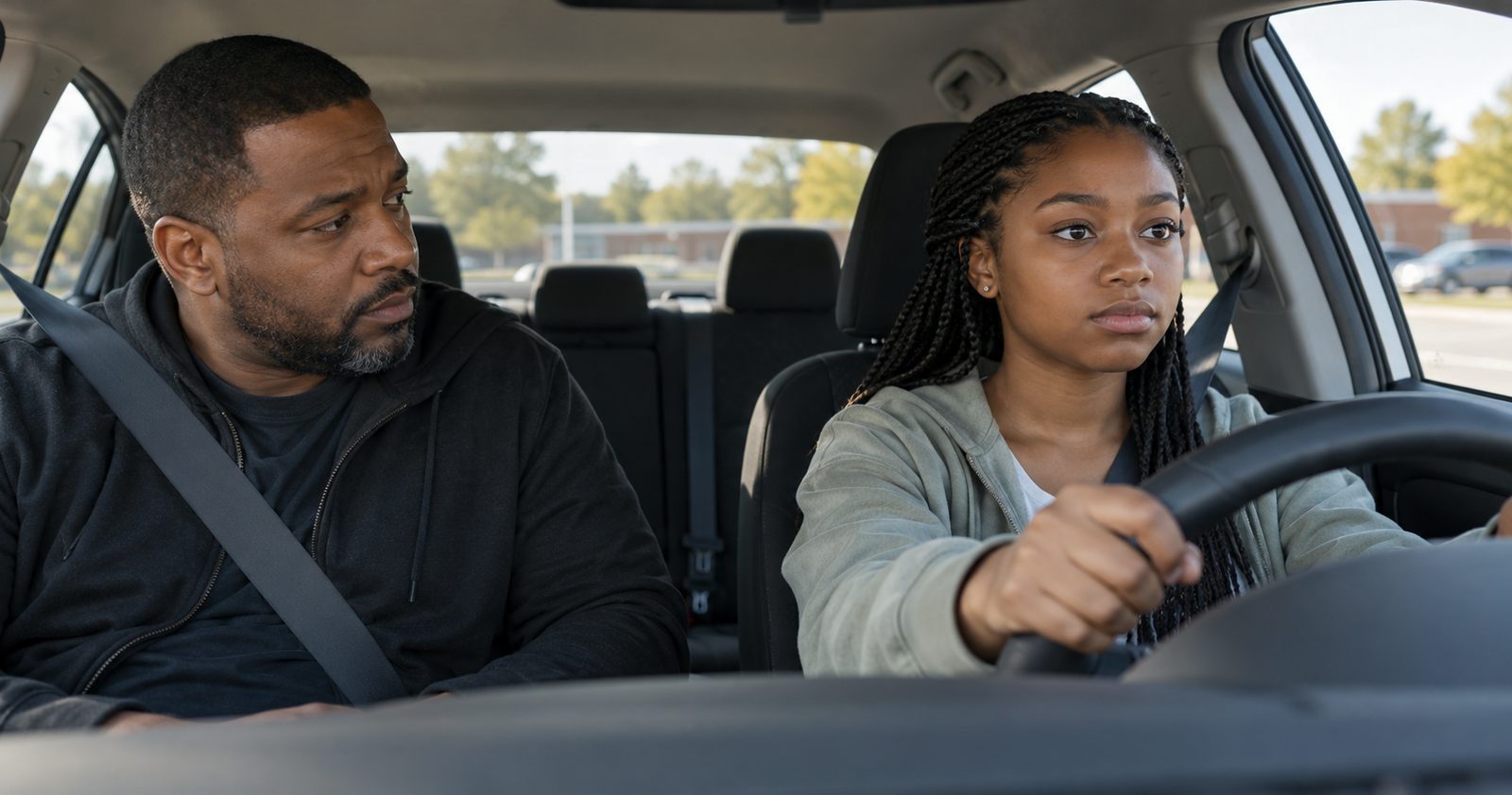 A father in the passenger seat watches his teenage daughter drive.